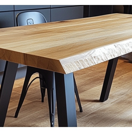 Nowoczesny Stół Dębowy z Cięciem na Krawędzi - Blat 240x90 cm - Wysokość 78 cm - Grubość 4 cm - 4 Stalowe Nogi
