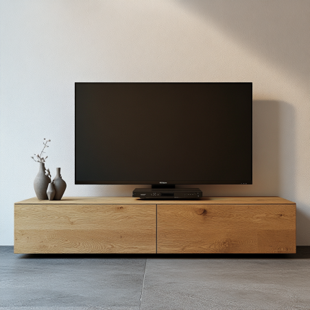 Szafka RTV Dębowa Podwieszana - 100% Lite Drewno - 150x45x42,5 cm - Prosta i Elegancka z Dwiema Szafkami