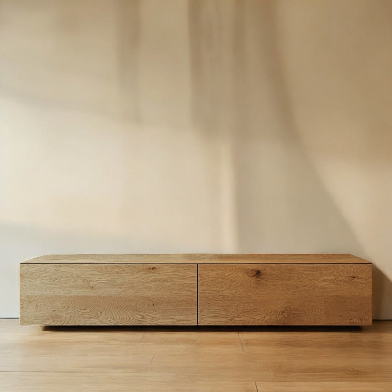 Szafka RTV Dębowa Podwieszana - 100% Lite Drewno - 150x45x42,5 cm - Prosta i Elegancka z Dwiema Szafkami